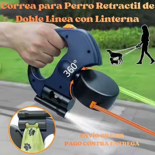 Correa para Perro Retractil de Doble Linea con Linterna